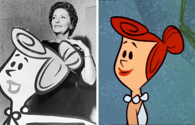Side by side images of Jean Vander Pyl and her character Wilma Flintstone