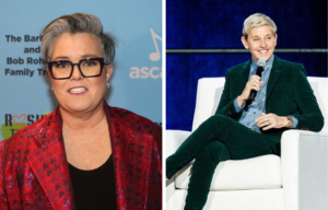 Rosie O'Donnell smiling on a red carpet + Ellen DeGeneres sitting down while holding a microphone