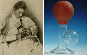 A woman feeds a baby using a Victorian breast pump