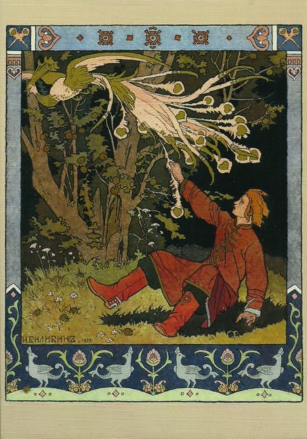 An illustration depicting a man catching a firebird