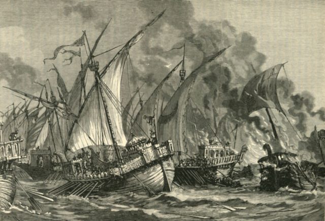 A drawing depicts a naval battle 