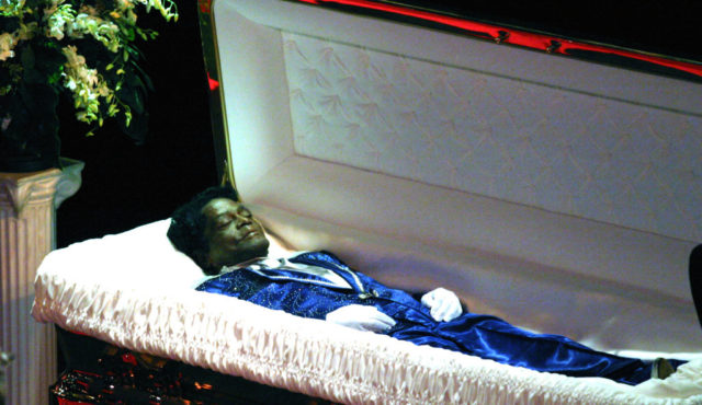 James Brown's body in a casket