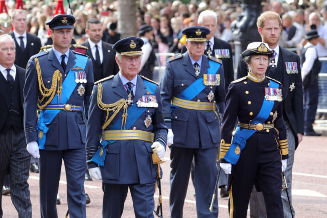 Prince William, King Charles III, Prince Richard, Princess Anne and Prince Harry walking behind Queen Elizabeth II's coffin