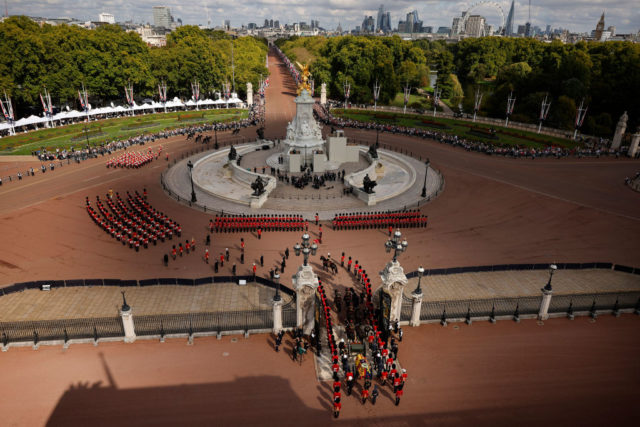 Aerial view of the procession carrying Queen Elizabeth II's coffin out of Buckingham Palace