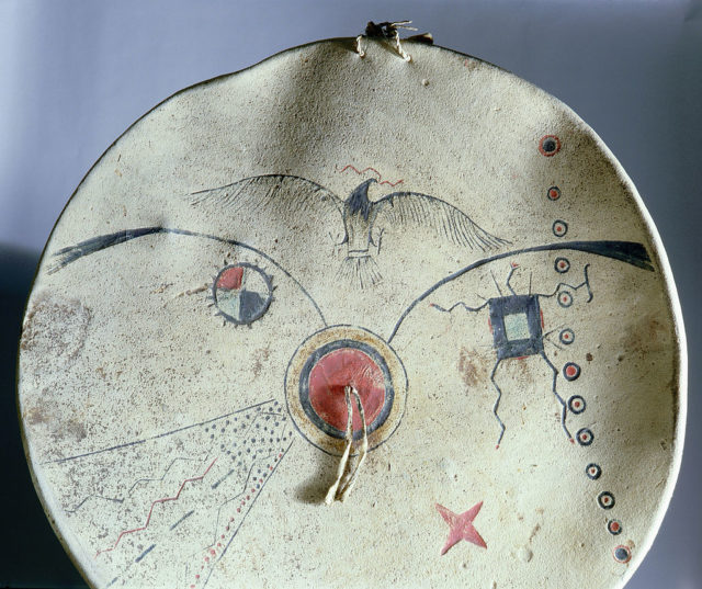 An Indigenous shield painted with a thunderbird