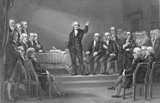 Drawing of George Washington standing in front of a group of men at the Constitutional Convention.