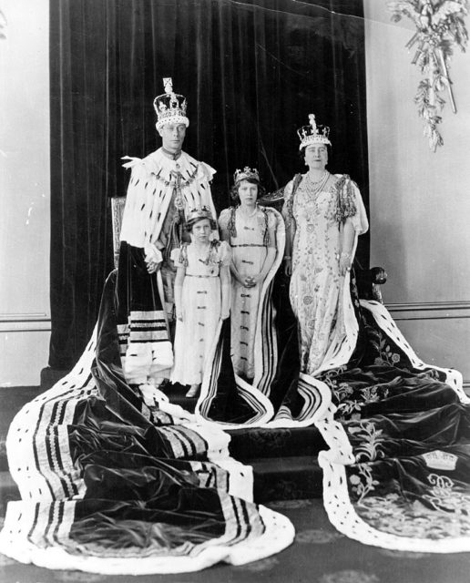King George VI with his wife Queen Elizabeth and daughters during his coronation