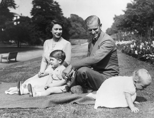 Princess Elizabeth, Prince Philip, and their two young children at Clarence House