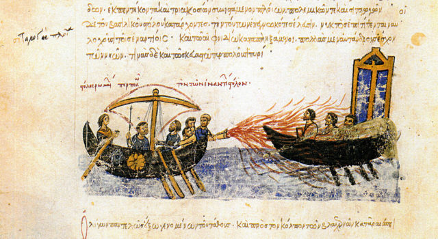 Greek fire on a ship
