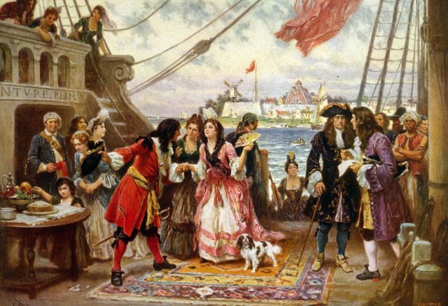 Painting depicts Captain Kidd welcoming a young woman on board his ship