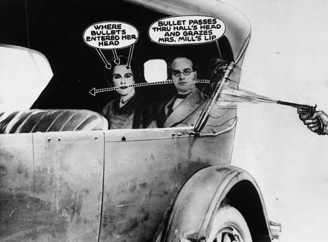 Photo of a man and a woman in the back of a car, with a diagram showing the trajectory of a bullet drawn onto it.