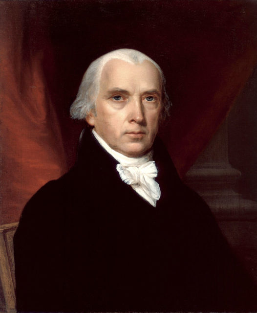 Portrait of James Madison in a black jacket and white cravat with his white hair slicked back. 