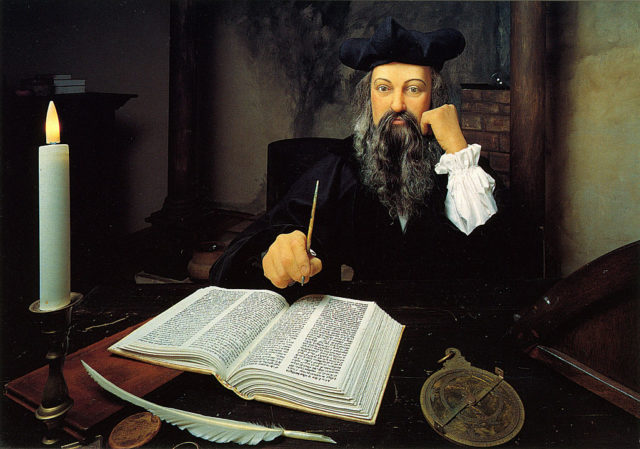 Painting of Nostradamus resting his head on his hand white writing in a book.