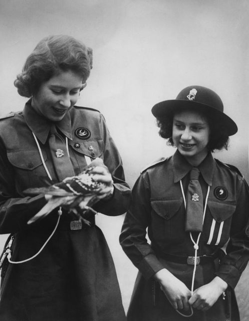Princesses Elizabeth and Margaret with a carrier pigeon