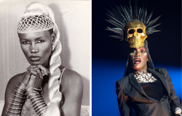 Side by side photos of a young Grace Jones with light blond hair twisted in a ponytail, and Grace Jones now wearing a black jacket and gold skull hat.
