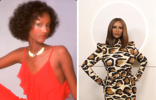 Side by side photo of a young Iman in a red dress, and Iman now in a cheetah print dress.