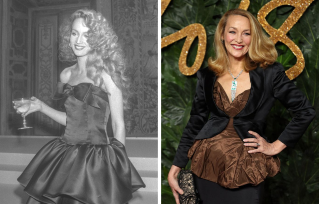 Jerry Hall at a reception in the '70s, left, and at another event on the right in 2018