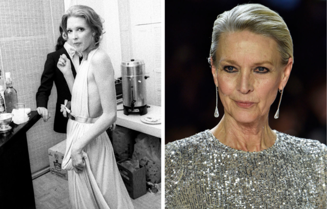 Side by side photo of a young Karen Bjornson wearing a long white dress, and Karen Bjornson now wearing dangling earrings and a sparkling silver dress.