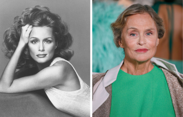 Side by side photo of a young Lauren Hutton with her hand on her face, and Lauren Hutton now wearing a green shirt