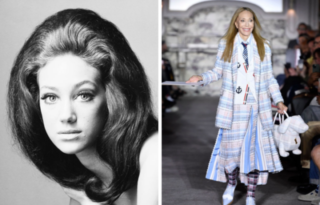 Marisa Berenson in a black and white photo, left and walking the runway in 2022, right