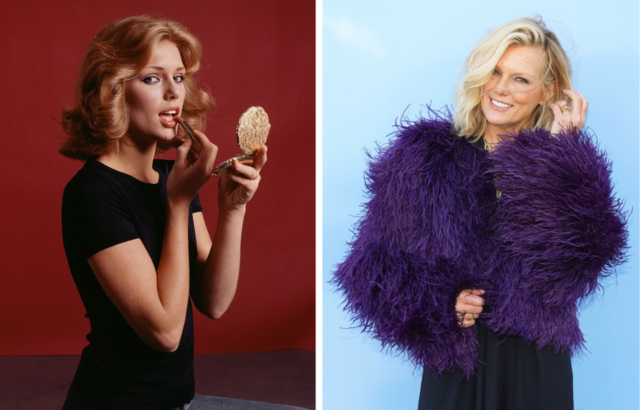 Side by side photo of young Patti Hansen putting on makeup in a compact, and Patti Hansen now wearing a fuzzy purple jacket.