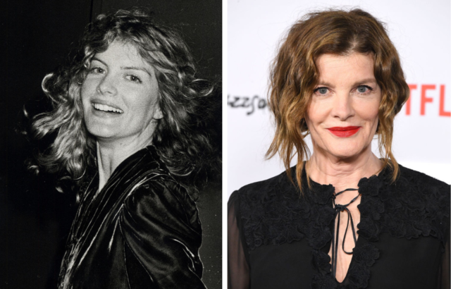 Side by side photos of a young Renee Russo flipping her hair, and Renee Russo now in a black shirt and red lipstick.