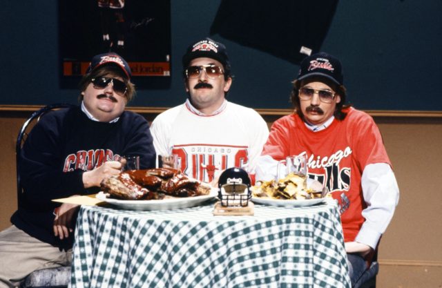 Chris Farley, Robert Smigel, and Mike Myers in costume for SNL