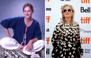Side by side images of a young Meryl Streep sitting cross legged, and her in later years wearing a dress and sunglasses.