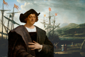 Portrait of Christopher Columbus and a painting of settlers arriving in America