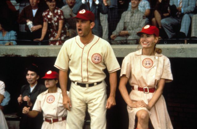 Tom Hanks and Geena Davis in baseball uniforms