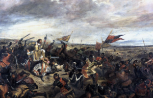 Painting of soldiers fighting in a battle on a small battlefield.