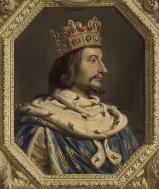 Modern painting of Charles V of France wearing a blue robe with fur, and a large crown while posed to the side.