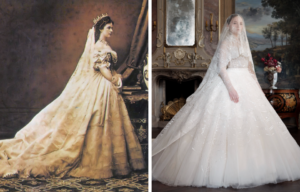 Side by side image of Elisabeth of Austria in he white coronation dress that looks like a wedding gown, and Devrim Lingnau as the Empress wearing the same dress, posed in the same way.