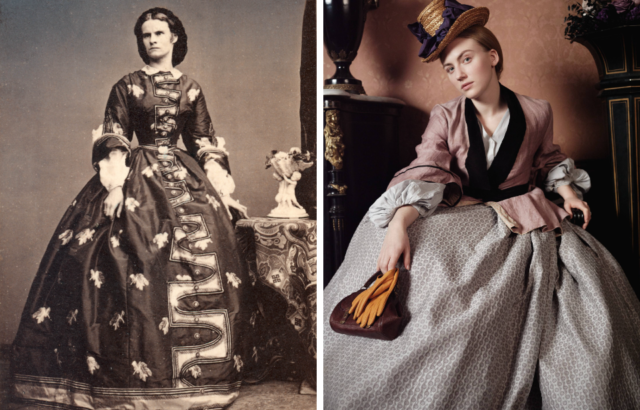 Side by side images of Duchess Helene in Bavaria standing in an elegant gown, and Elisa Schlott as Helene sitting in a gown with a hat and handbag.