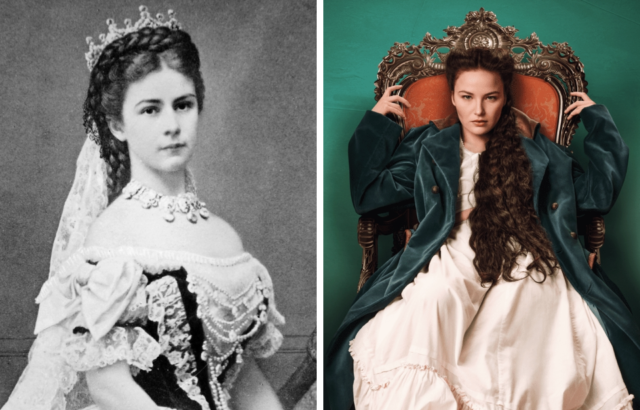 Side by side image of Empress Elisabeth in an elegant dress, crown, and veil behind her head, and Devrim Lingnau as the Empress sitting in a throne in a white dress with green overcoat.