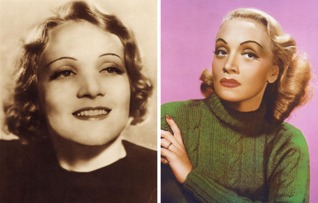Side by side images of Marlene Dietrich