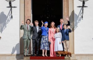 From left to right: Prince Nikolai, Prince Felix, Queen Margrethe, Princess Marie, Princess Athena, Prince Joachim, and Prince Henrik of Denmark