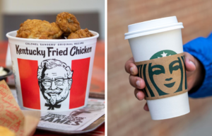 Side by side images of KFC bucket and Starbucks coffee cup