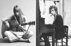 Side by side images of Joni Mitchell and Bob Dylan