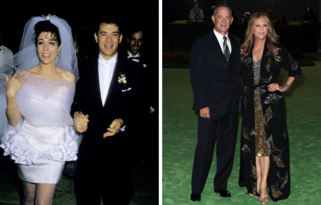 Side by side images of Tom Hanks and Rita Wilson in 1988 and 2021