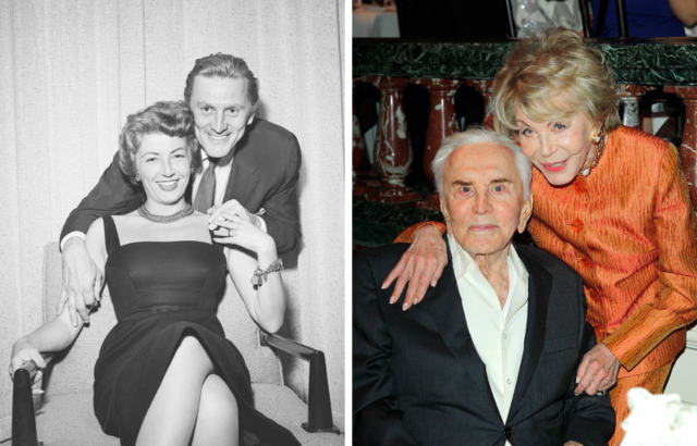 Side by side images of Kirk Douglas and Anne Buydens in 1954 and 2013