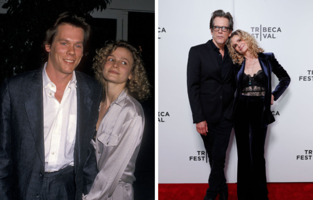 Side by side images of Kevin Bacon and Kyra Sedgewick in 1988 and 2022