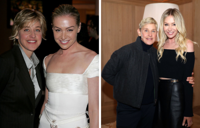 Side by side images of Ellen DeGeneres and Portia De Rossi in 2004 and 2022