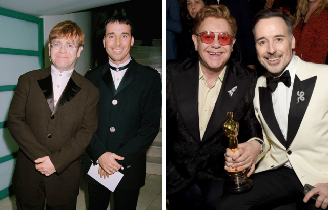 Elton John and David Furnish in 1996 and 2020