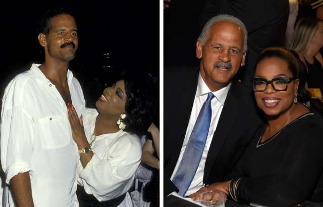Side by side images of Oprah Winfrey and Stedman Graham in 1987 and 2018