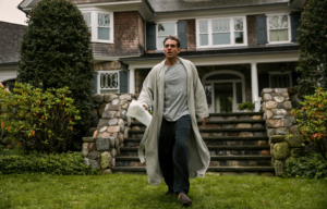 A man walks through his front yard in a bathrobe