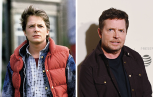 Michael J. Fox in Back to the Future, left, and in 2019