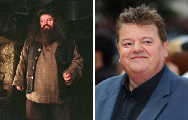 Side by side images of Robbie Coltrane in 'Harry Potter' and at an event in 2011