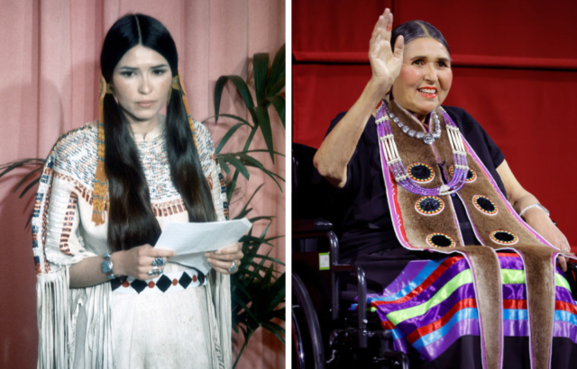 Side by side photos of Sacheen Littlefeather in 1973 and 2022