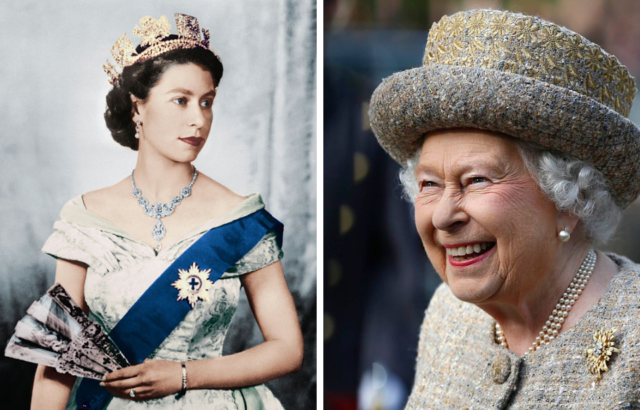 Side by side images of Queen Elizabeth II in 1952 and 2014